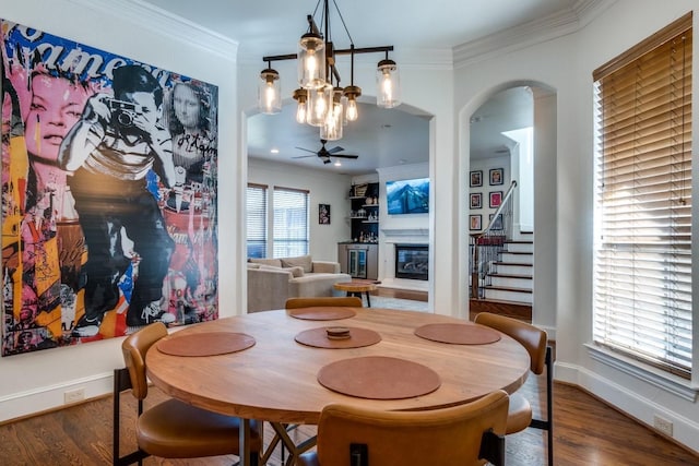 dining area featuring crown molding, dark hardwood / wood-style floors, and ceiling fan