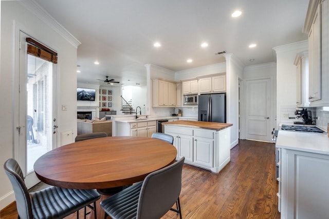 kitchen featuring sink, wooden counters, stainless steel appliances, dark hardwood / wood-style floors, and a kitchen island