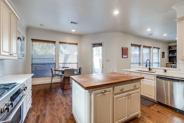 kitchen with appliances with stainless steel finishes, sink, a wealth of natural light, and wood counters