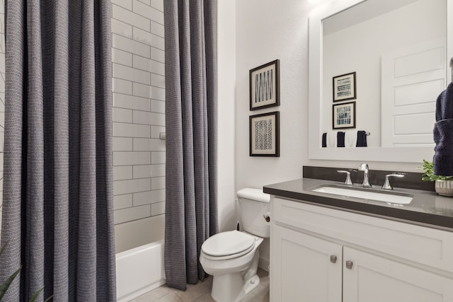 full bathroom with vanity, shower / bathtub combination with curtain, and toilet