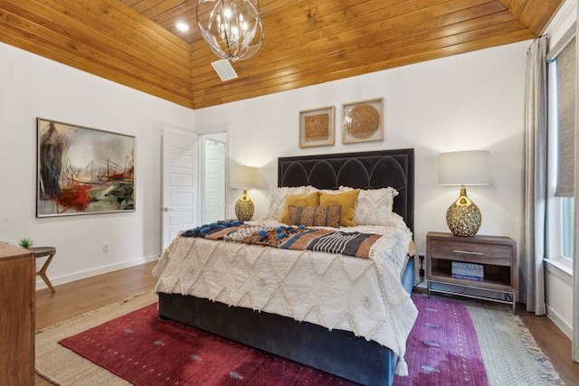 bedroom featuring hardwood / wood-style floors, wood ceiling, and a notable chandelier