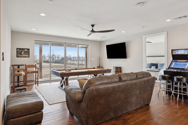 recreation room featuring dark wood-type flooring, pool table, and ceiling fan