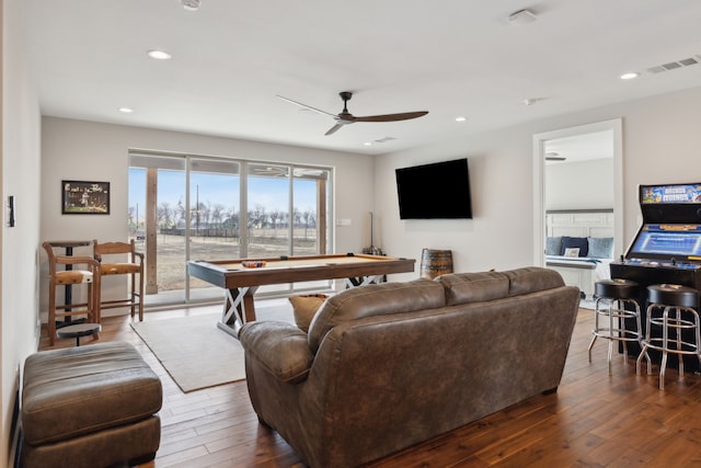 living area featuring wood-type flooring, billiards, visible vents, and recessed lighting