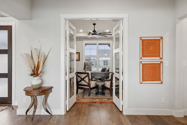 foyer with baseboards, ceiling fan, dark wood-style flooring, french doors, and recessed lighting