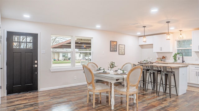 dining space with dark hardwood / wood-style floors and sink