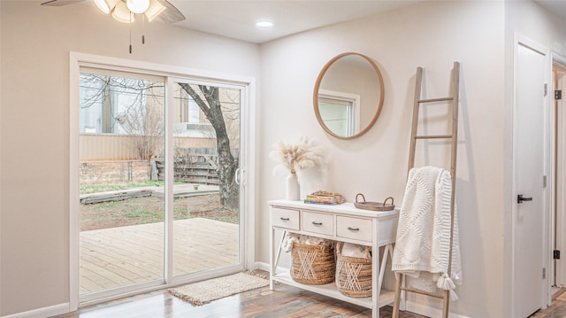 entryway featuring hardwood / wood-style flooring and ceiling fan