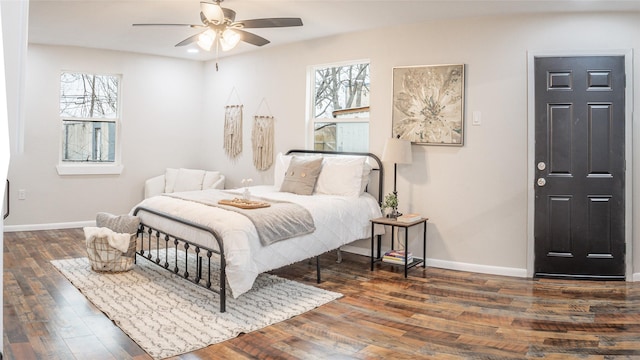 bedroom featuring multiple windows and dark hardwood / wood-style floors