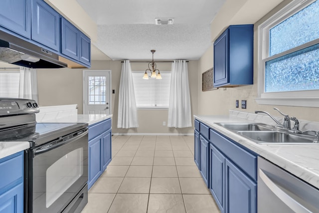 kitchen with blue cabinetry, sink, a textured ceiling, black / electric stove, and dishwasher