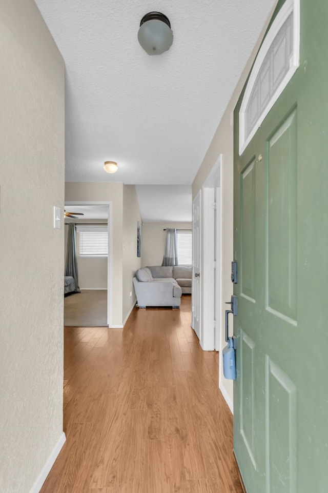 entryway featuring a healthy amount of sunlight, a textured ceiling, and light wood-type flooring