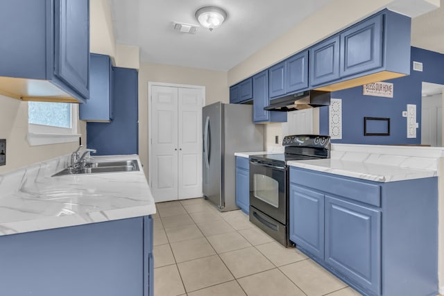 kitchen featuring black / electric stove, blue cabinets, sink, and light stone counters