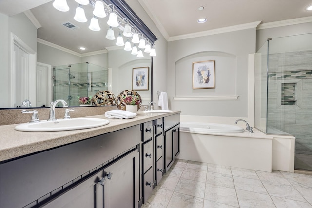 bathroom featuring vanity, ornamental molding, and independent shower and bath