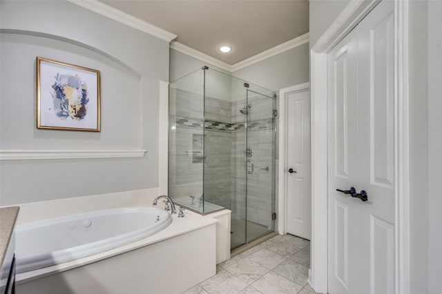 bathroom with independent shower and bath and ornamental molding