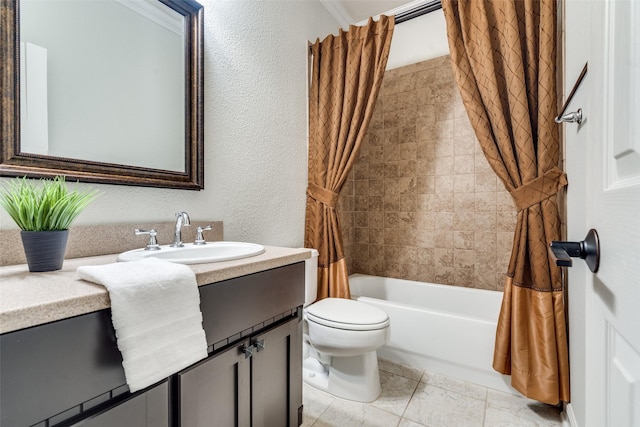 full bathroom with shower / tub combo, vanity, and toilet