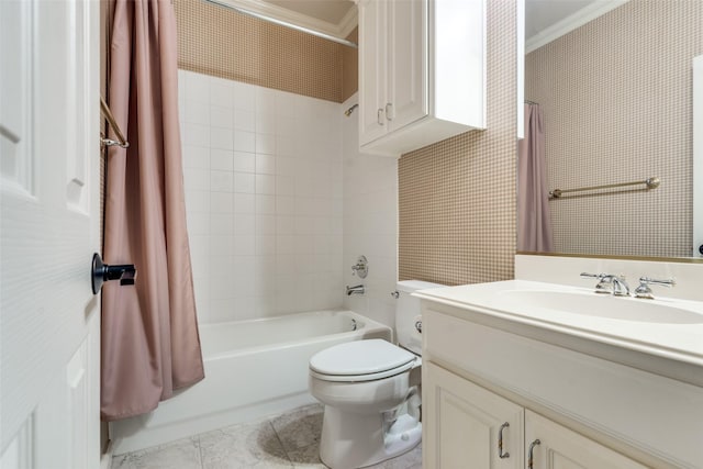 full bathroom featuring tile patterned flooring, vanity, shower / bath combo, toilet, and crown molding