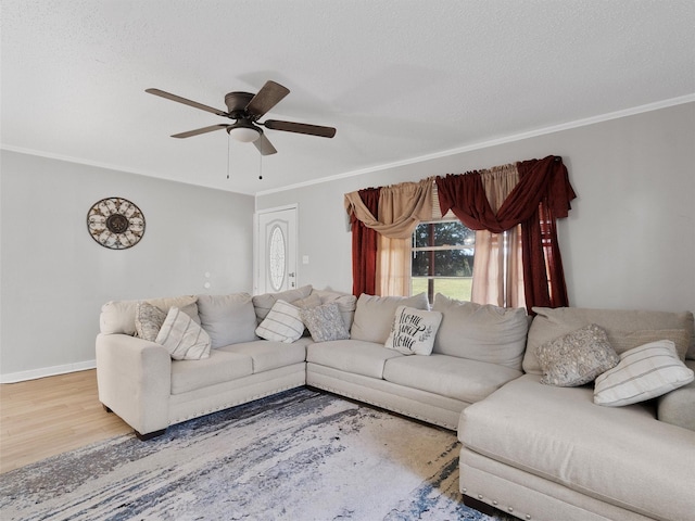 living room with crown molding, ceiling fan, hardwood / wood-style floors, and a textured ceiling