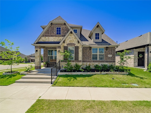 view of front of home with a front yard and a porch