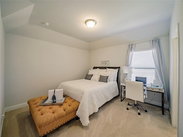 bedroom with light colored carpet