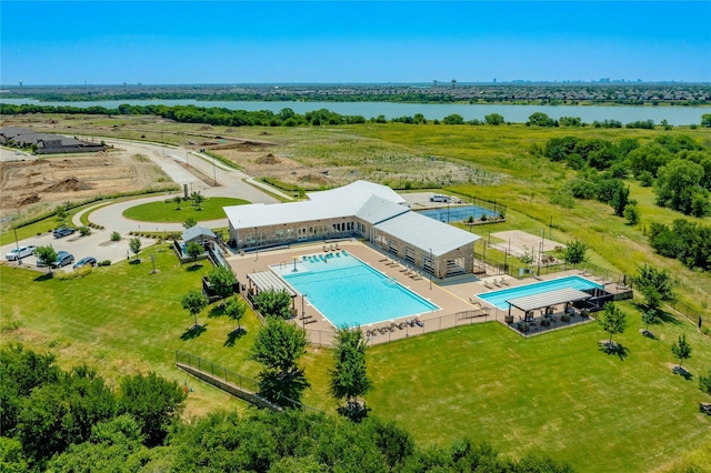 drone / aerial view with a water view