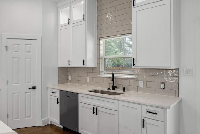 kitchen with white cabinets, sink, and dishwasher