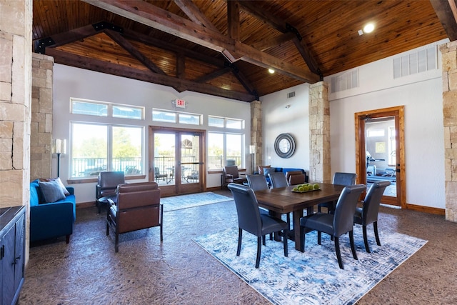 dining area featuring high vaulted ceiling, wood ceiling, visible vents, and french doors