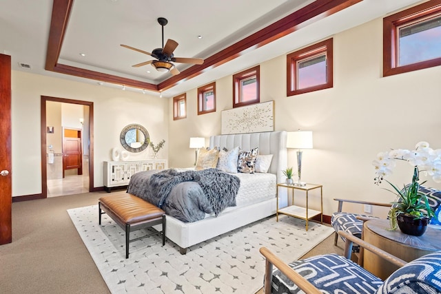 carpeted bedroom with a raised ceiling