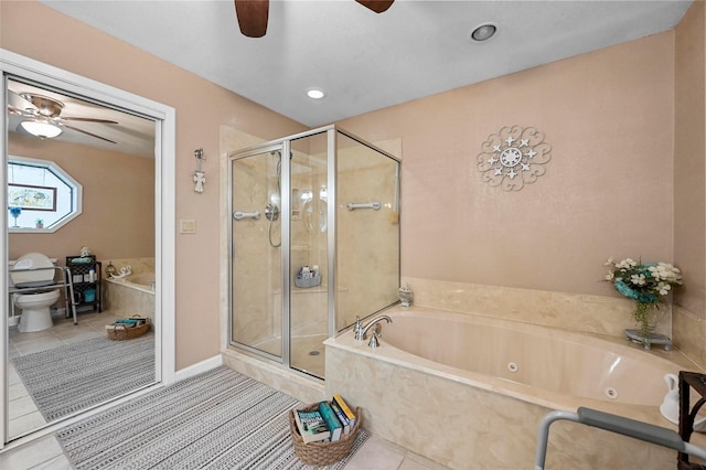 bathroom with toilet, tile patterned floors, plus walk in shower, and ceiling fan