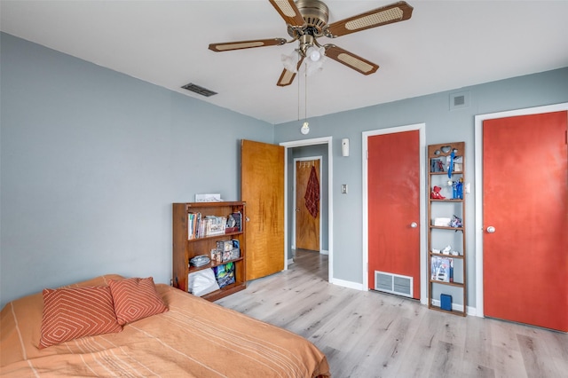 bedroom featuring ceiling fan and light wood-type flooring