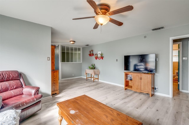 living room featuring ceiling fan and light wood-type flooring