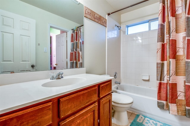 bathroom featuring tile patterned floors, toilet, shower / bathtub combination with curtain, and vanity