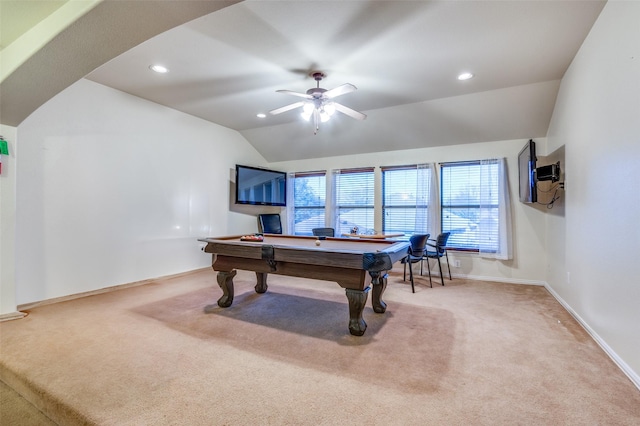 playroom with vaulted ceiling, billiards, ceiling fan, and carpet flooring