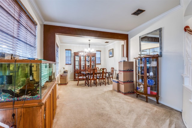 carpeted dining area with ornamental molding and a notable chandelier