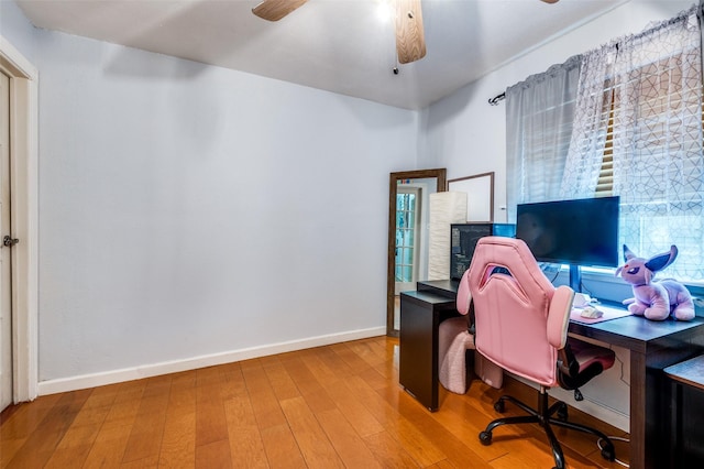 office space featuring plenty of natural light, light wood-type flooring, and ceiling fan