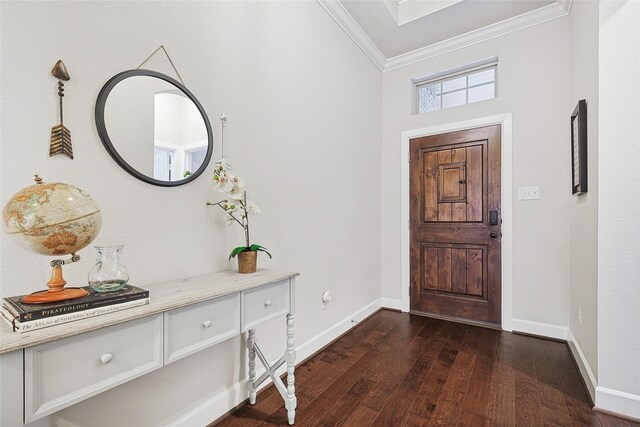 corridor featuring ornamental molding and dark hardwood / wood-style floors