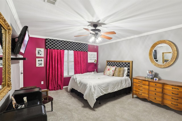 bedroom with light colored carpet, ornamental molding, and ceiling fan