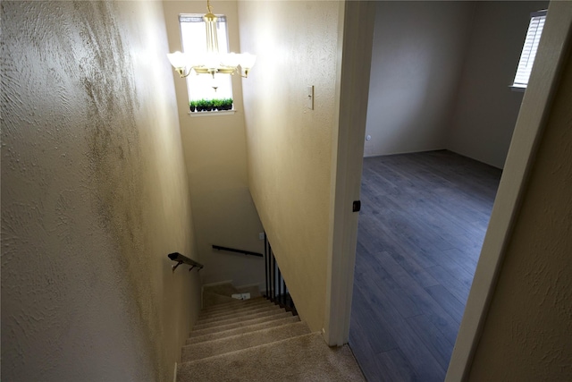 stairs with an inviting chandelier and hardwood / wood-style flooring