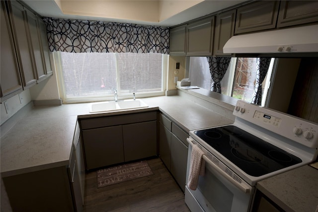 kitchen featuring white electric range oven, dishwasher, and sink