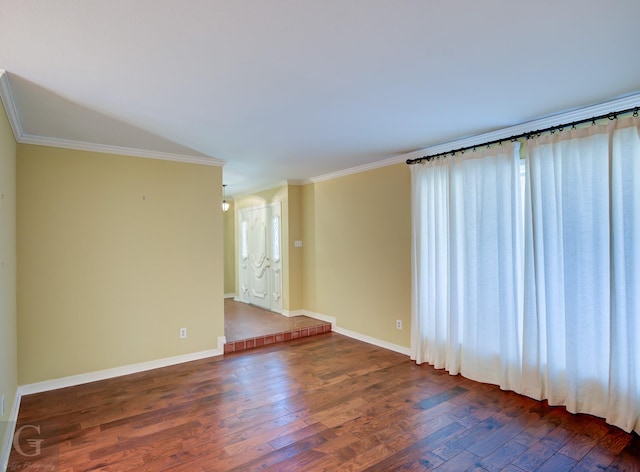 empty room featuring crown molding and dark wood-type flooring