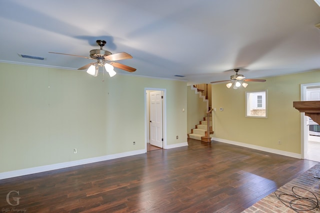 unfurnished living room with ornamental molding, dark hardwood / wood-style floors, and ceiling fan