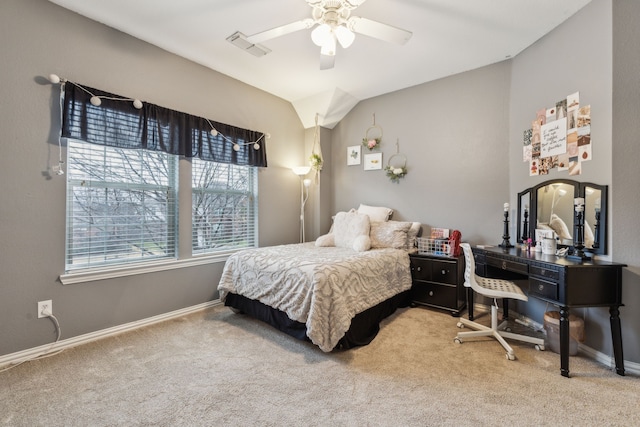 bedroom with vaulted ceiling, carpet, and ceiling fan