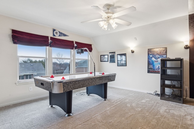 rec room with carpet, lofted ceiling, and ceiling fan