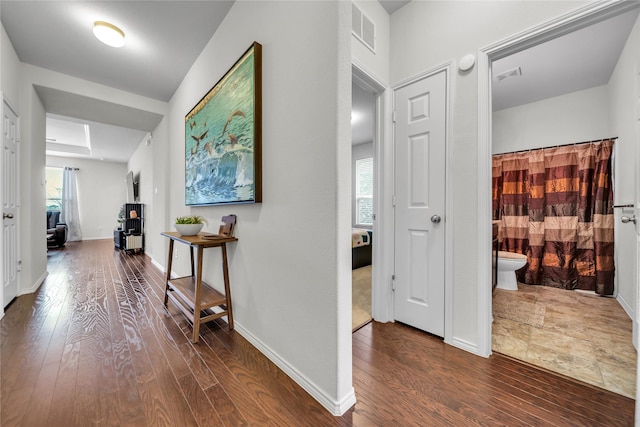 hallway with a healthy amount of sunlight and dark hardwood / wood-style flooring