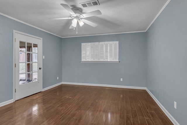 unfurnished room with crown molding, dark hardwood / wood-style floors, and ceiling fan