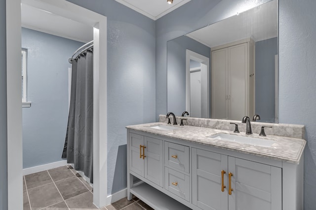 bathroom featuring vanity, tile patterned floors, crown molding, and a shower with shower curtain