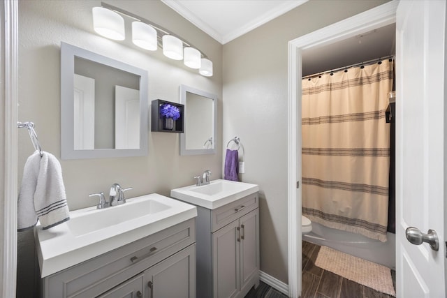 full bathroom featuring vanity, crown molding, toilet, and shower / bath combo with shower curtain