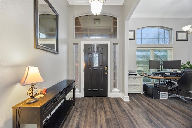 entryway featuring crown molding and dark hardwood / wood-style flooring