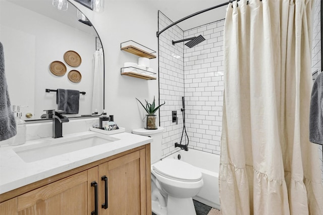 full bathroom featuring vanity, shower / bath combination with curtain, and toilet