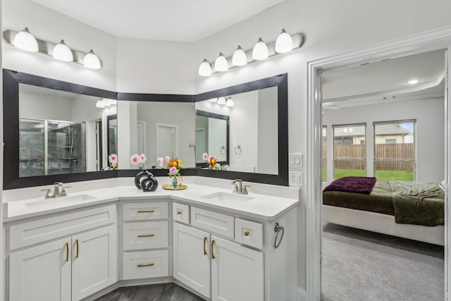 bathroom featuring vanity and a shower with shower door