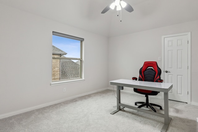 office space with ceiling fan, light colored carpet, and lofted ceiling