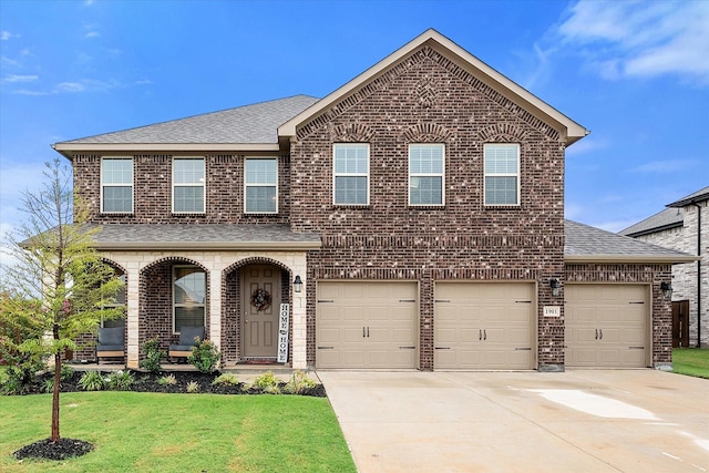 view of front of house with a garage and a front lawn