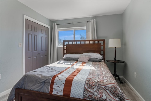 bedroom featuring wood-type flooring and a closet